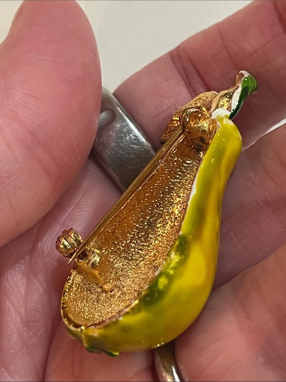 1960's VINTAGE Glossy Yellow Enamel Pear Accent with Green Leaf Brooch